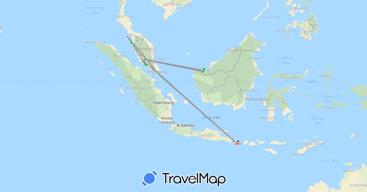 TravelMap itinerary: driving, bus, plane, hiking, boat in Indonesia, Malaysia, Singapore (Asia)